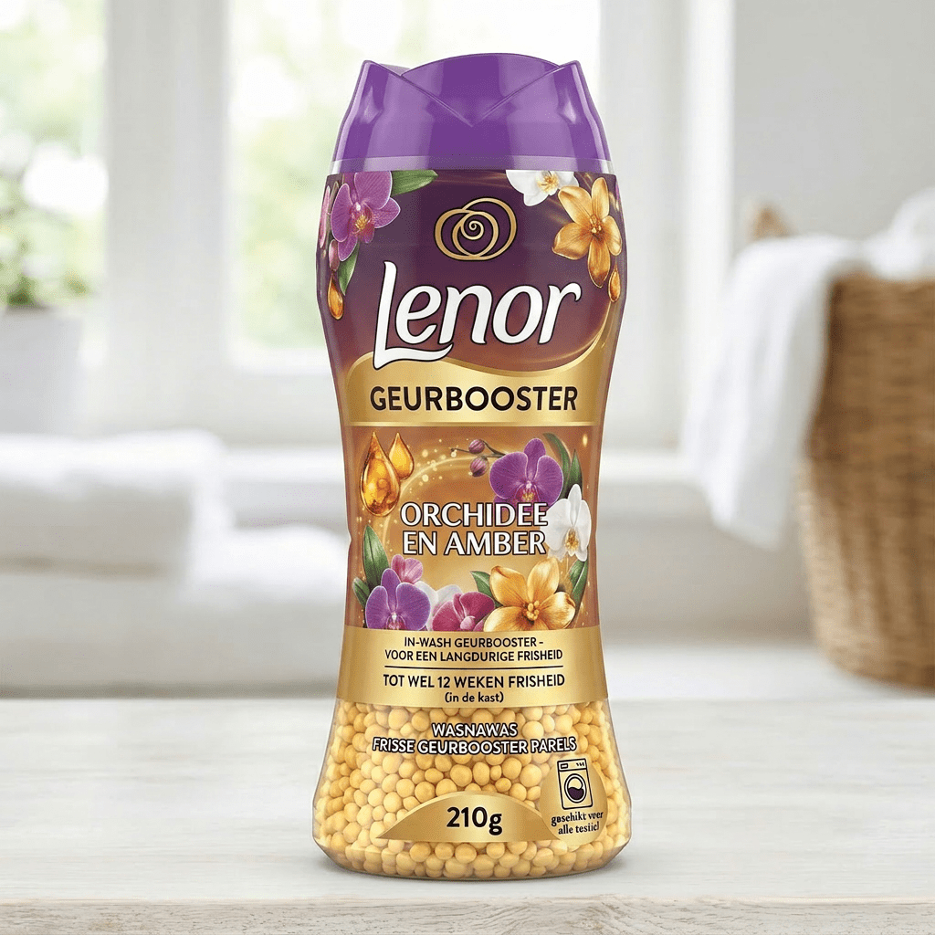 Huidige afbeelding: Lenor Geurbooster Orchid en Amber scent booster bottle with yellow scent beads